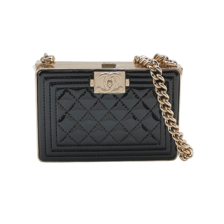 Chanel Boy Minaudiere Micro Box Clutch Black Patent Calfskin Gold Hardware