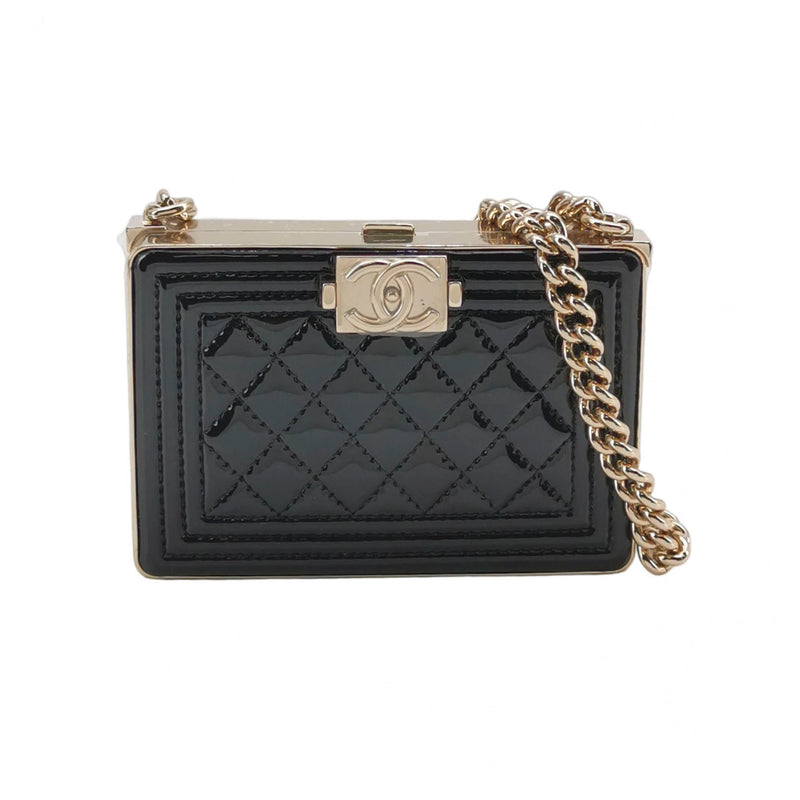 Chanel Boy Minaudiere Micro Box Clutch Black Patent Calfskin Gold Hardware