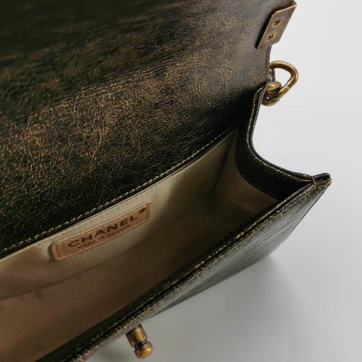 Chanel Small Boy Flap Bag Antique Gold Cracked Metallic Calfskin Antiqued Gold Hardware