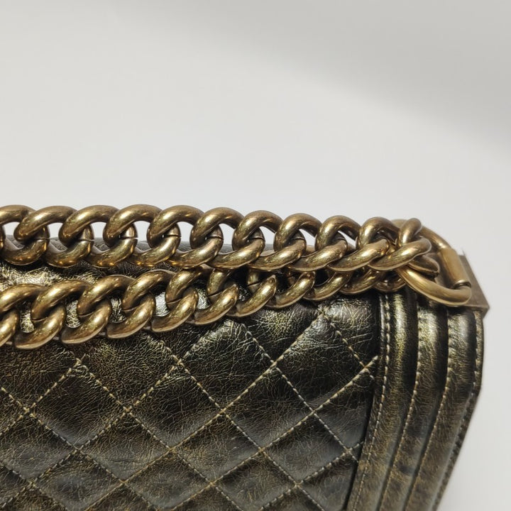 Chanel Small Boy Flap Bag Antique Gold Cracked Metallic Calfskin Antiqued Gold Hardware