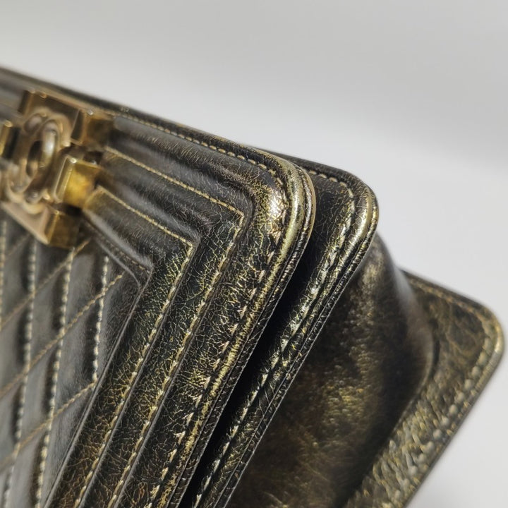 Chanel Small Boy Flap Bag Antique Gold Cracked Metallic Calfskin Antiqued Gold Hardware