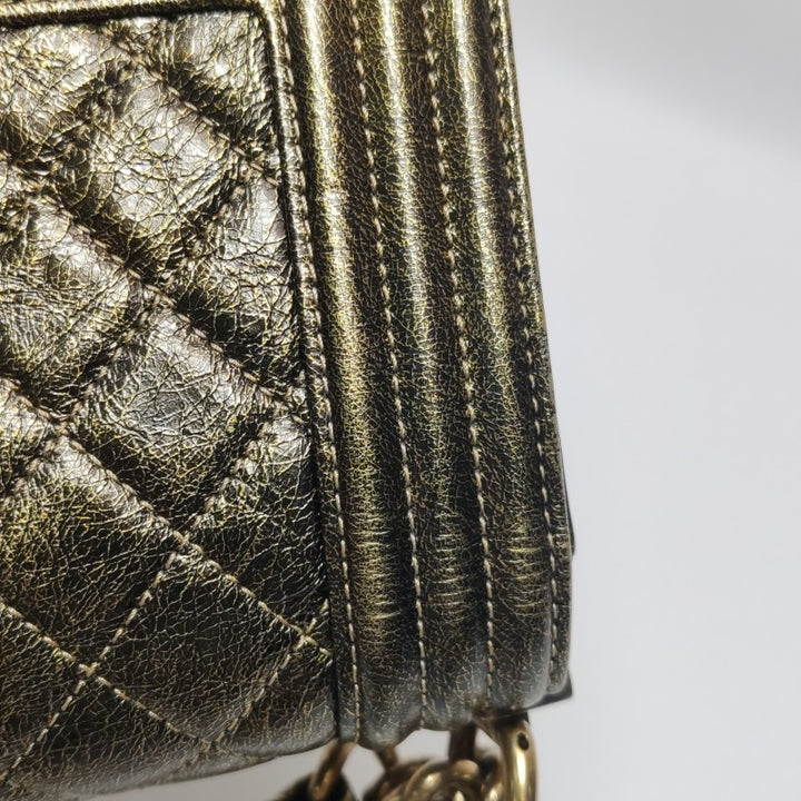 Chanel Small Boy Flap Bag Antique Gold Cracked Metallic Calfskin Antiqued Gold Hardware
