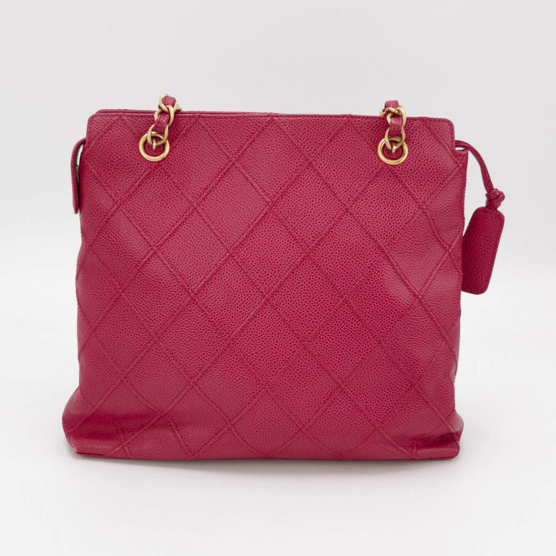 Chanel Vintage Deep Pink Diamond Quilted Caviar Leather Tote Bag Gold Hardware