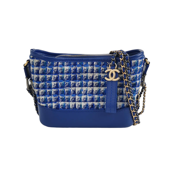 Chanel Small Gabrielle Hobo Bag Blue Checked Tweed Blue Calfskin Mixed Hardware