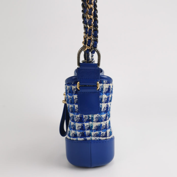 Chanel Small Gabrielle Hobo Bag Blue Checked Tweed Blue Calfskin Mixed Hardware
