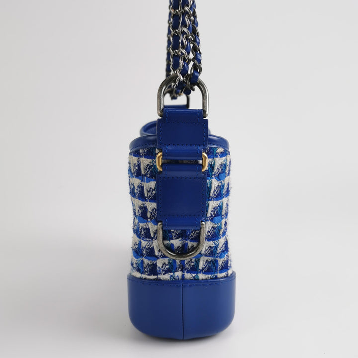 Chanel Small Gabrielle Hobo Bag Blue Checked Tweed Blue Calfskin Mixed Hardware