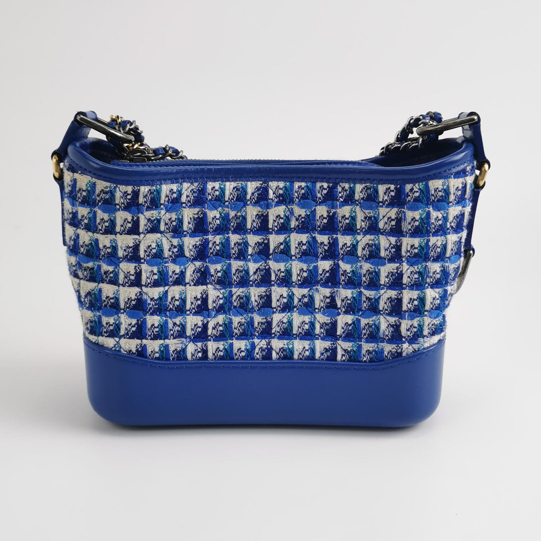 Chanel Small Gabrielle Hobo Bag Blue Checked Tweed Blue Calfskin Mixed Hardware