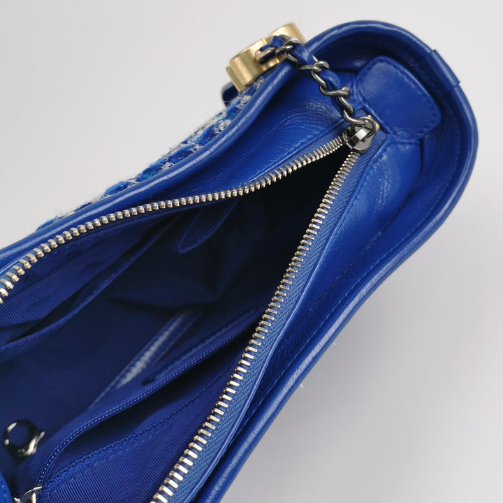 Chanel Small Gabrielle Hobo Bag Blue Checked Tweed Blue Calfskin Mixed Hardware
