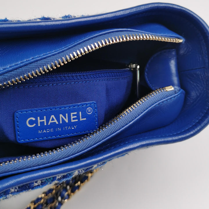 Chanel Small Gabrielle Hobo Bag Blue Checked Tweed Blue Calfskin Mixed Hardware