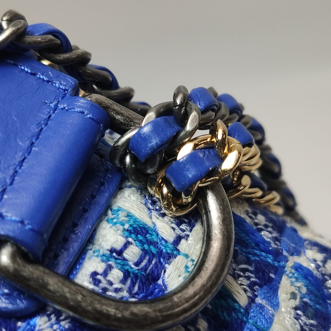 Chanel Small Gabrielle Hobo Bag Blue Checked Tweed Blue Calfskin Mixed Hardware