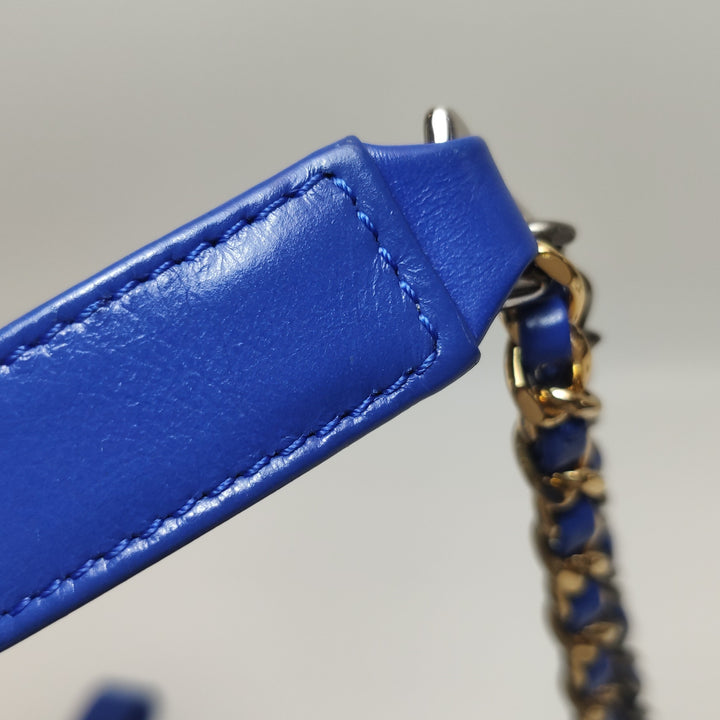 Chanel Small Gabrielle Hobo Bag Blue Checked Tweed Blue Calfskin Mixed Hardware