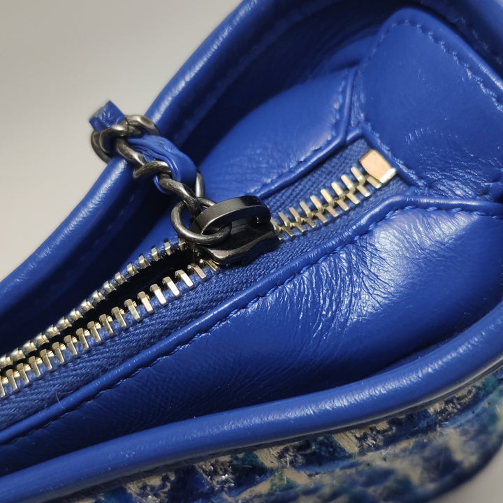 Chanel Small Gabrielle Hobo Bag Blue Checked Tweed Blue Calfskin Mixed Hardware