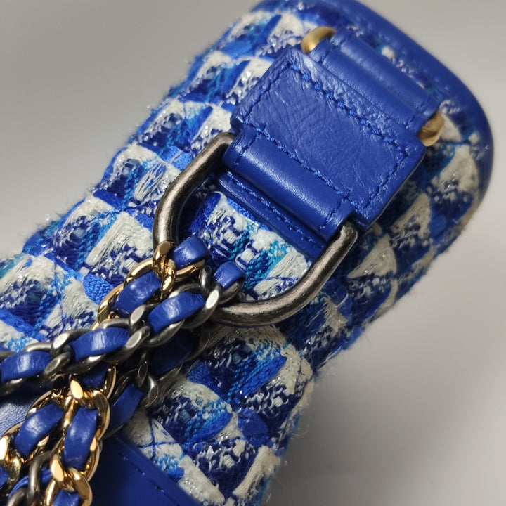 Chanel Small Gabrielle Hobo Bag Blue Checked Tweed Blue Calfskin Mixed Hardware