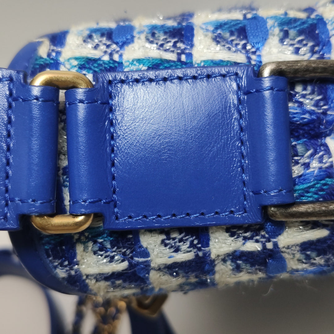 Chanel Small Gabrielle Hobo Bag Blue Checked Tweed Blue Calfskin Mixed Hardware