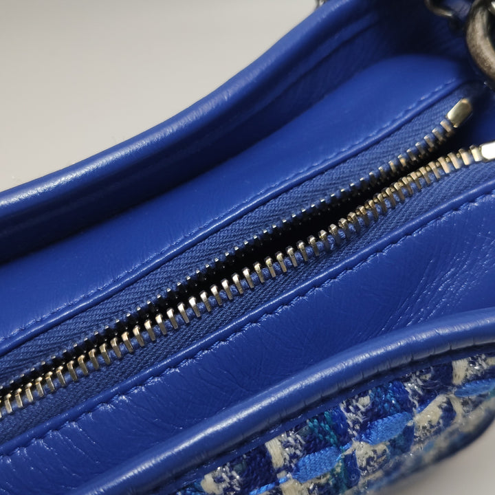Chanel Small Gabrielle Hobo Bag Blue Checked Tweed Blue Calfskin Mixed Hardware
