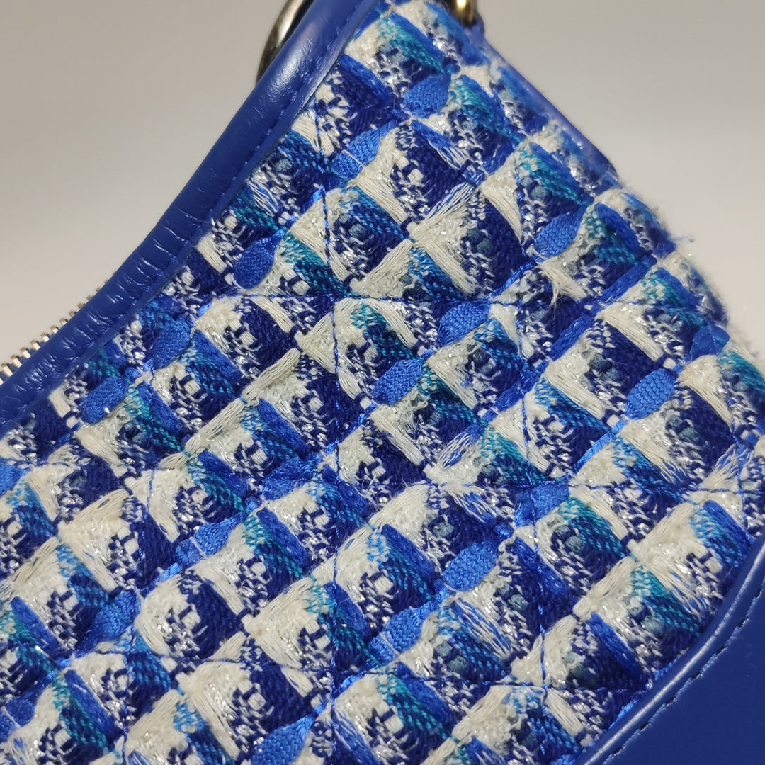 Chanel Small Gabrielle Hobo Bag Blue Checked Tweed Blue Calfskin Mixed Hardware