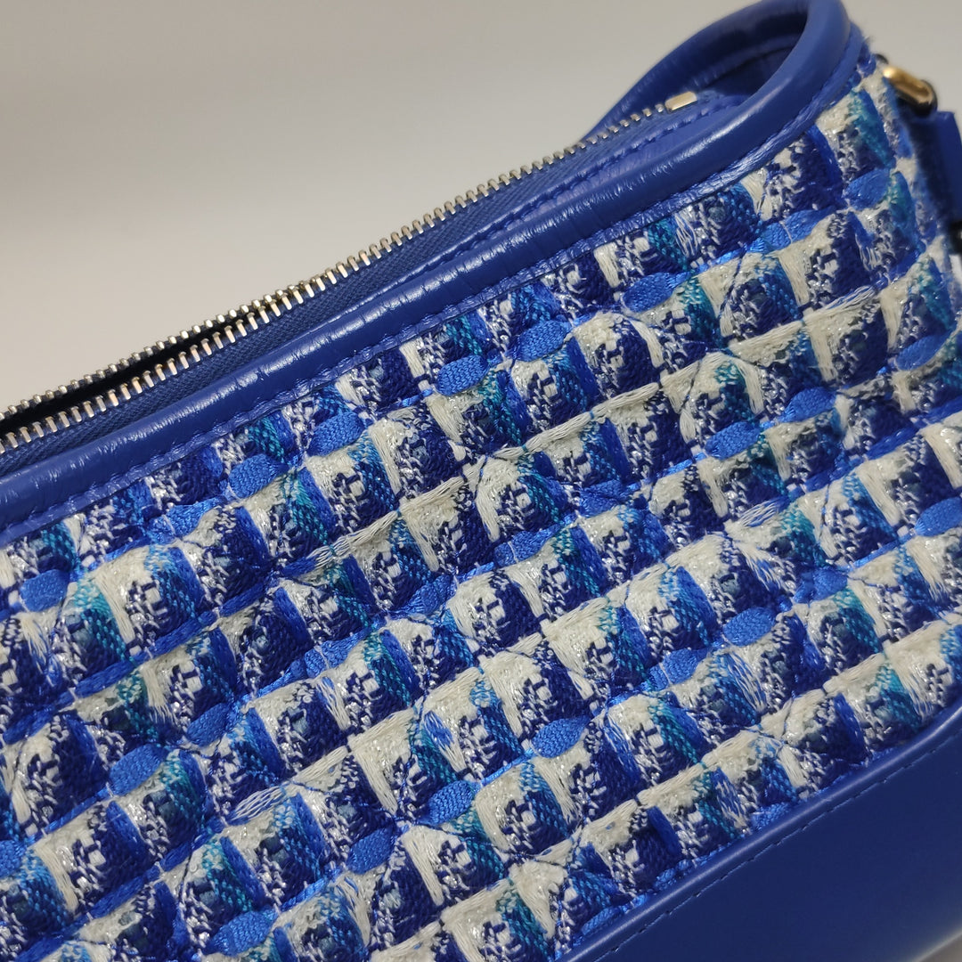 Chanel Small Gabrielle Hobo Bag Blue Checked Tweed Blue Calfskin Mixed Hardware