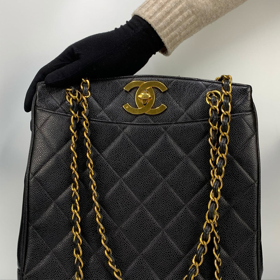 Chanel Vintage CC Lock Chain Tote in Black Caviar Leather and Gold Hardware