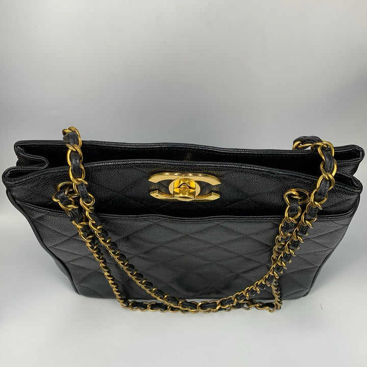 Chanel Black Caviar Leather Shoulder Tote Bag Vintage CC Logo Gold Hardware