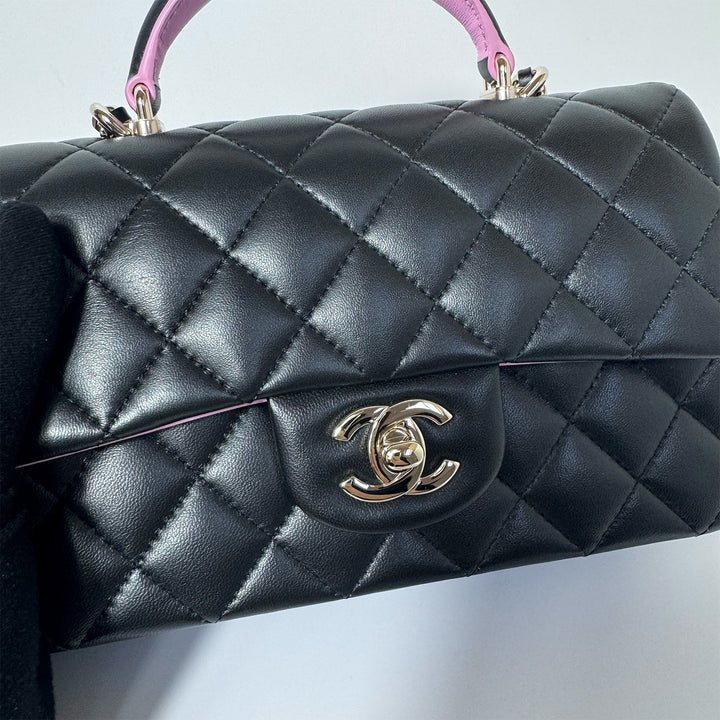 Chanel Lambskin Mini Rectangular Top Handle Flap Bag in Black Pink Two Tone Colours with Gold Hardware