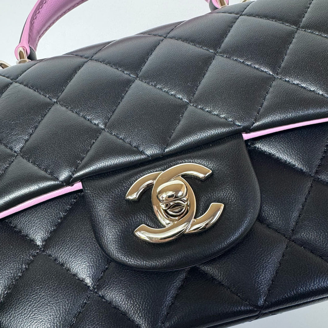 Chanel Lambskin Mini Rectangular Top Handle Flap Bag in Black Pink Two Tone Colours with Gold Hardware