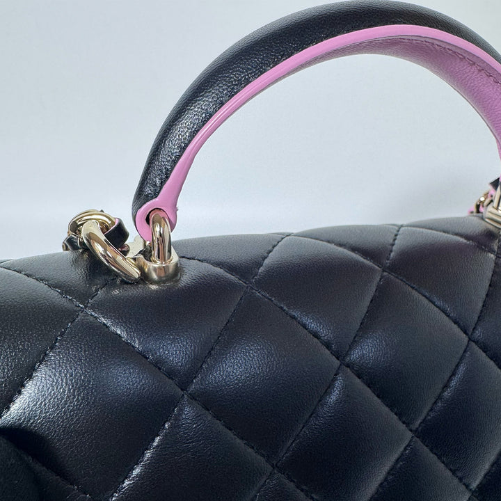 Chanel Lambskin Mini Rectangular Top Handle Flap Bag in Black Pink Two Tone Colours with Gold Hardware