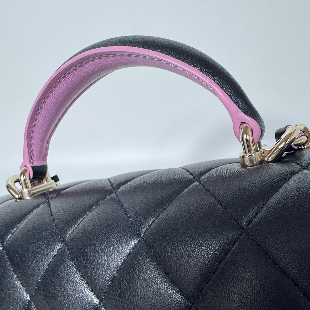 Chanel Lambskin Mini Rectangular Top Handle Flap Bag in Black Pink Two Tone Colours with Gold Hardware