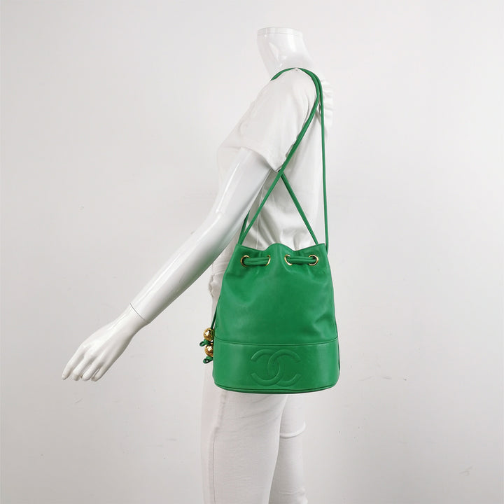 Chanel Vintage Green Lambskin Leather Bucket Bag CC Logo