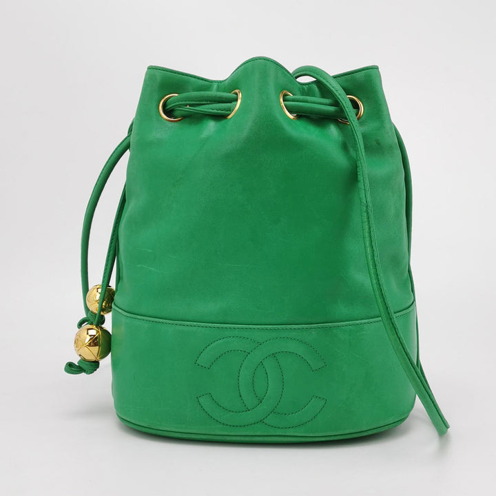 Chanel Vintage Green Lambskin Leather Bucket Bag CC Logo