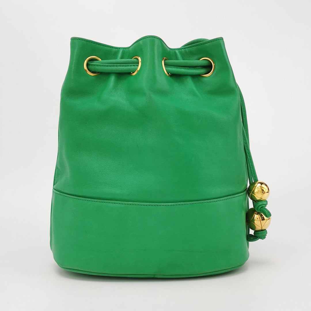 Chanel Vintage Green Lambskin Leather Bucket Bag CC Logo