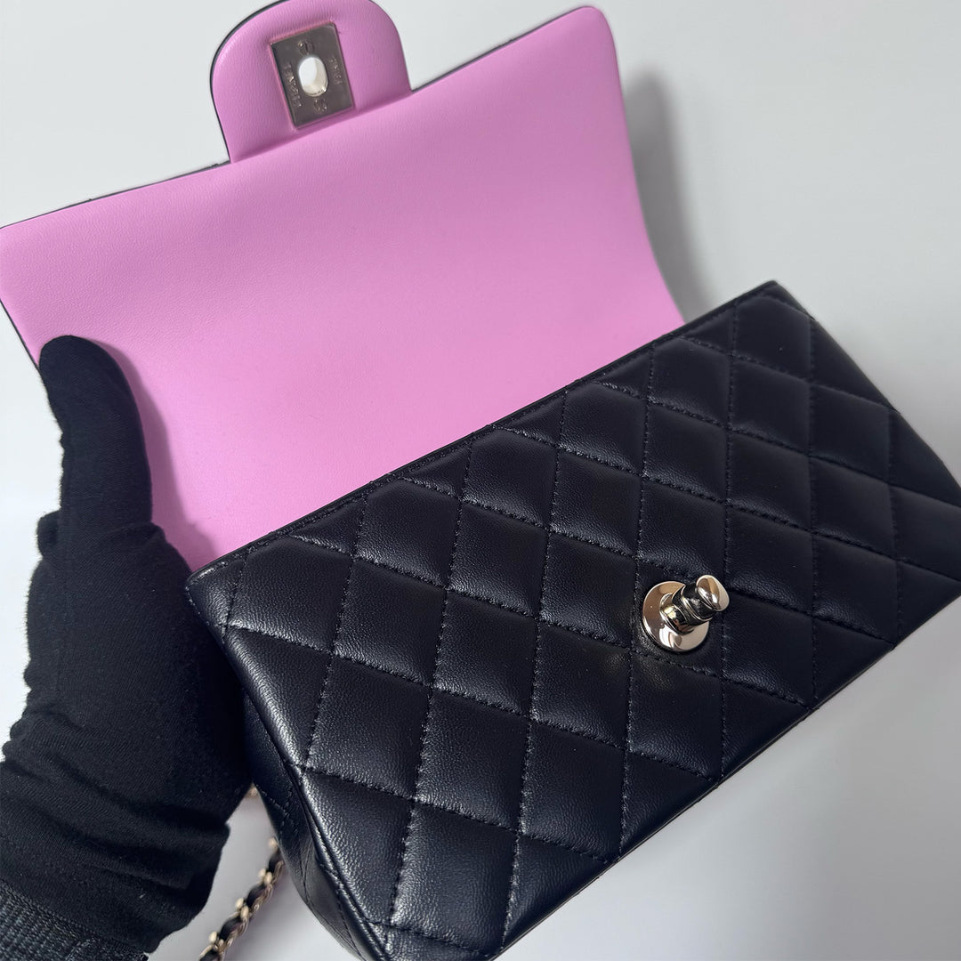 Chanel Lambskin Mini Rectangular Top Handle Flap Bag in Black Pink Two Tone Colours with Gold Hardware