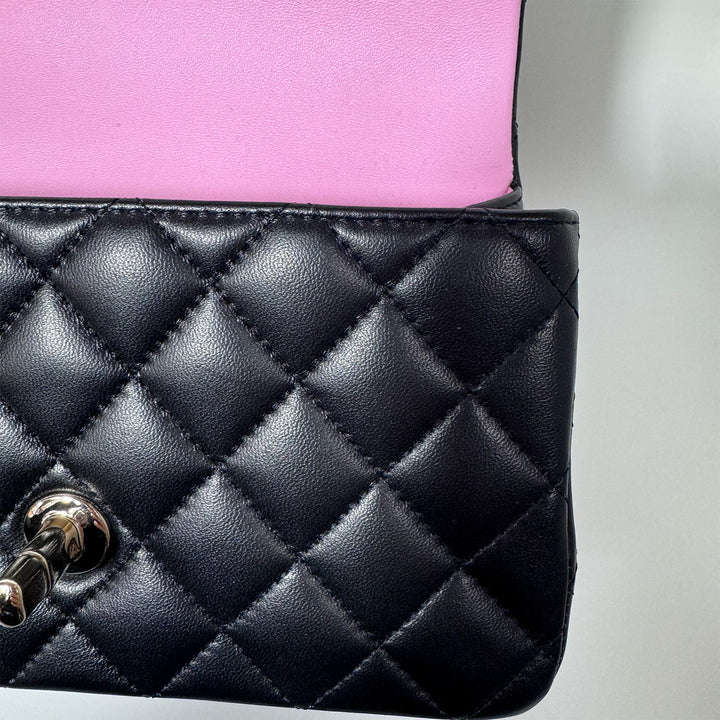 Chanel Lambskin Mini Rectangular Top Handle Flap Bag in Black Pink Two Tone Colours with Gold Hardware