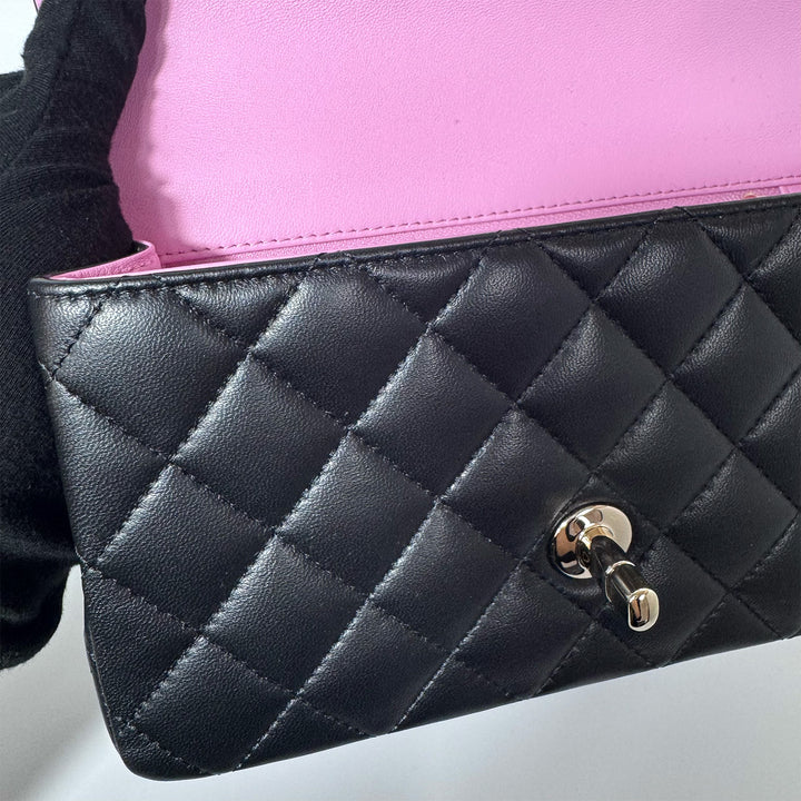 Chanel Lambskin Mini Rectangular Top Handle Flap Bag in Black Pink Two Tone Colours with Gold Hardware