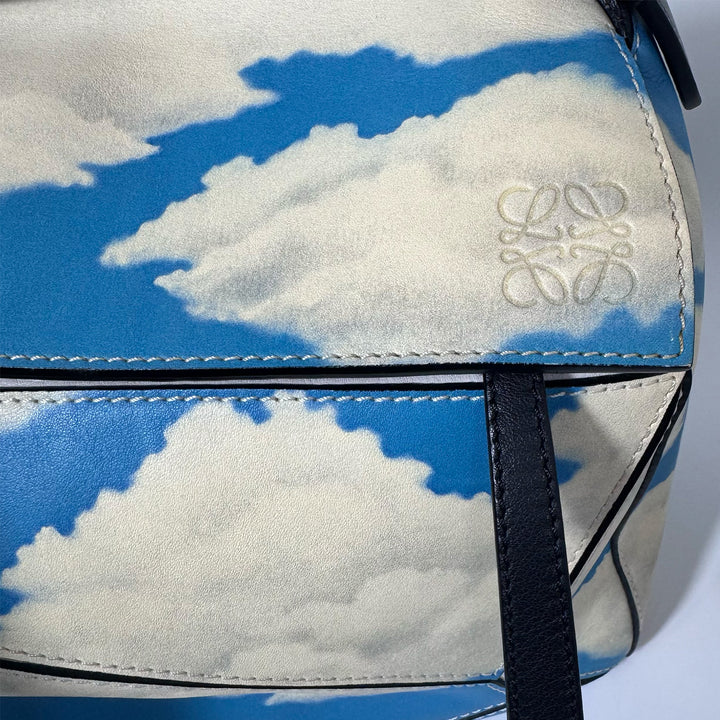 Loewe Medium Puzzle Bag in Blue Sky Ivory Clouds Print with Silver Hardware