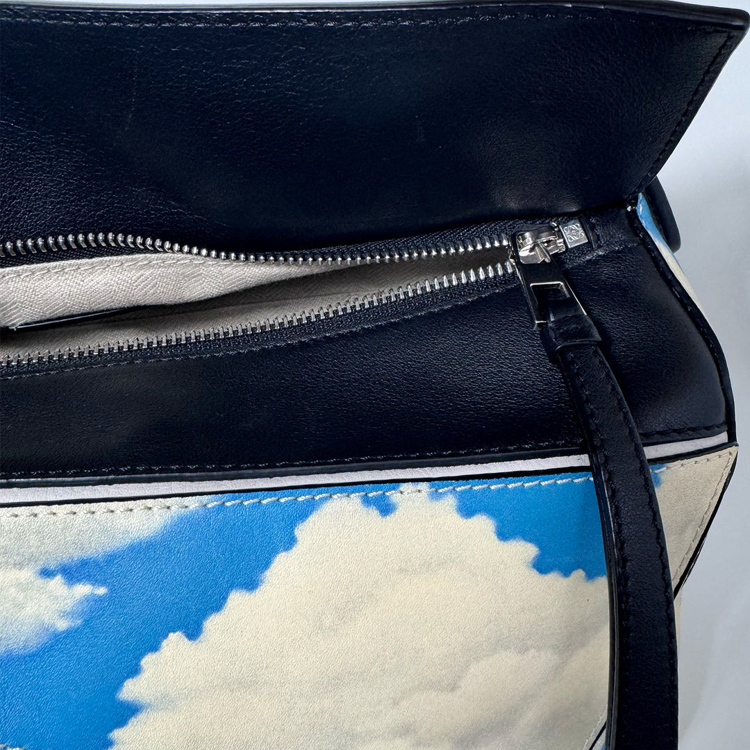 Loewe Medium Puzzle Bag in Blue Sky Ivory Clouds Print with Silver Hardware