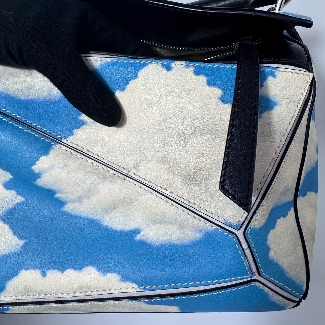 Loewe Medium Puzzle Bag in Blue Sky Ivory Clouds Print with Silver Hardware