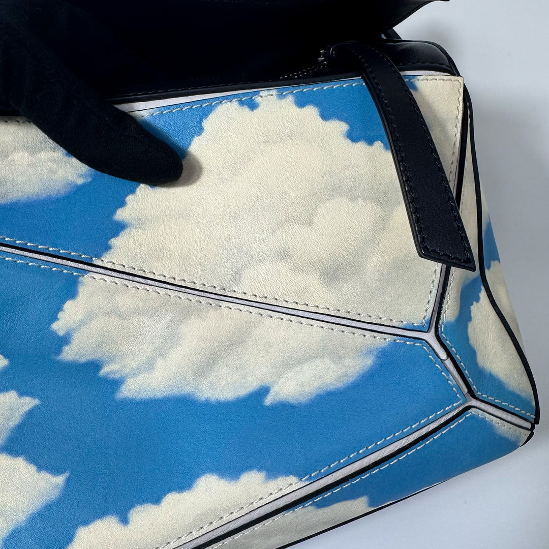 Loewe Medium Puzzle Bag in Blue Sky Ivory Clouds Print with Silver Hardware