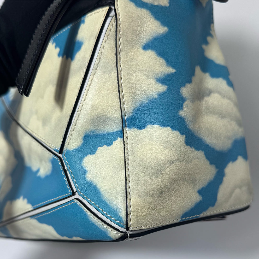 Loewe Medium Puzzle Bag in Blue Sky Ivory Clouds Print with Silver Hardware