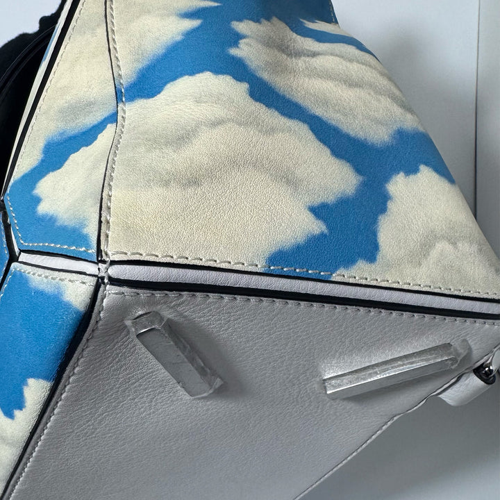 Loewe Medium Puzzle Bag in Blue Sky Ivory Clouds Print with Silver Hardware