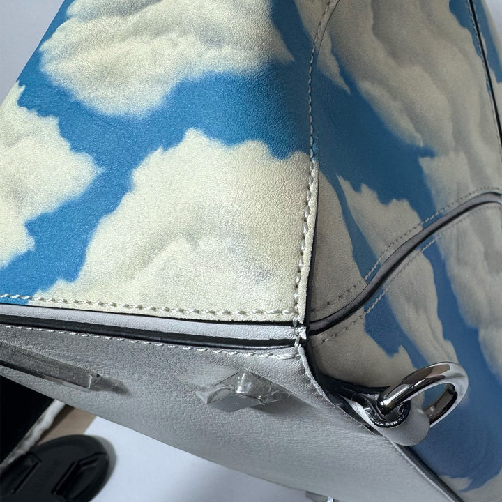 Loewe Medium Puzzle Bag in Blue Sky Ivory Clouds Print with Silver Hardware