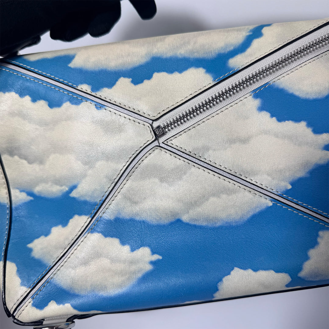 Loewe Medium Puzzle Bag in Blue Sky Ivory Clouds Print with Silver Hardware