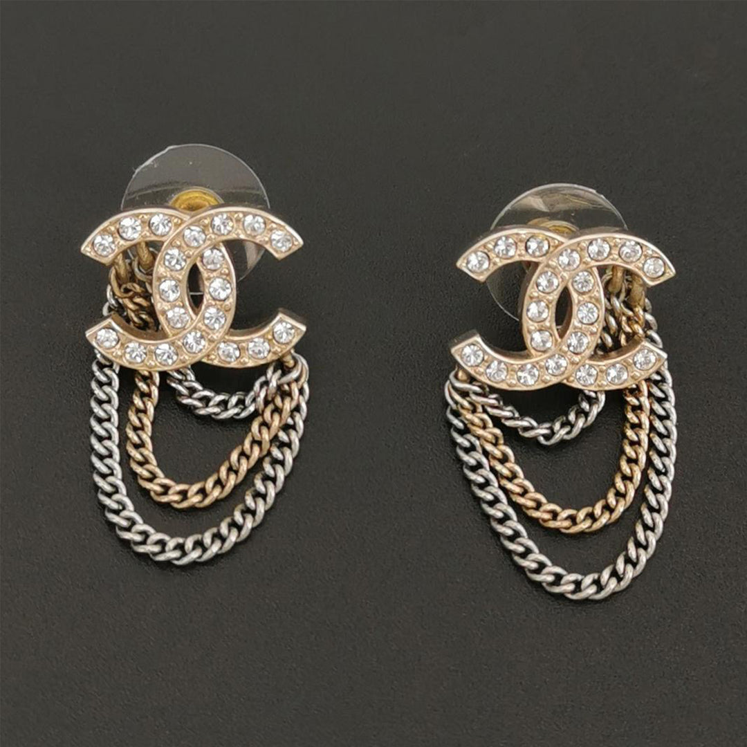 Chanel Crystal Multi Chain CC Earrings Gold