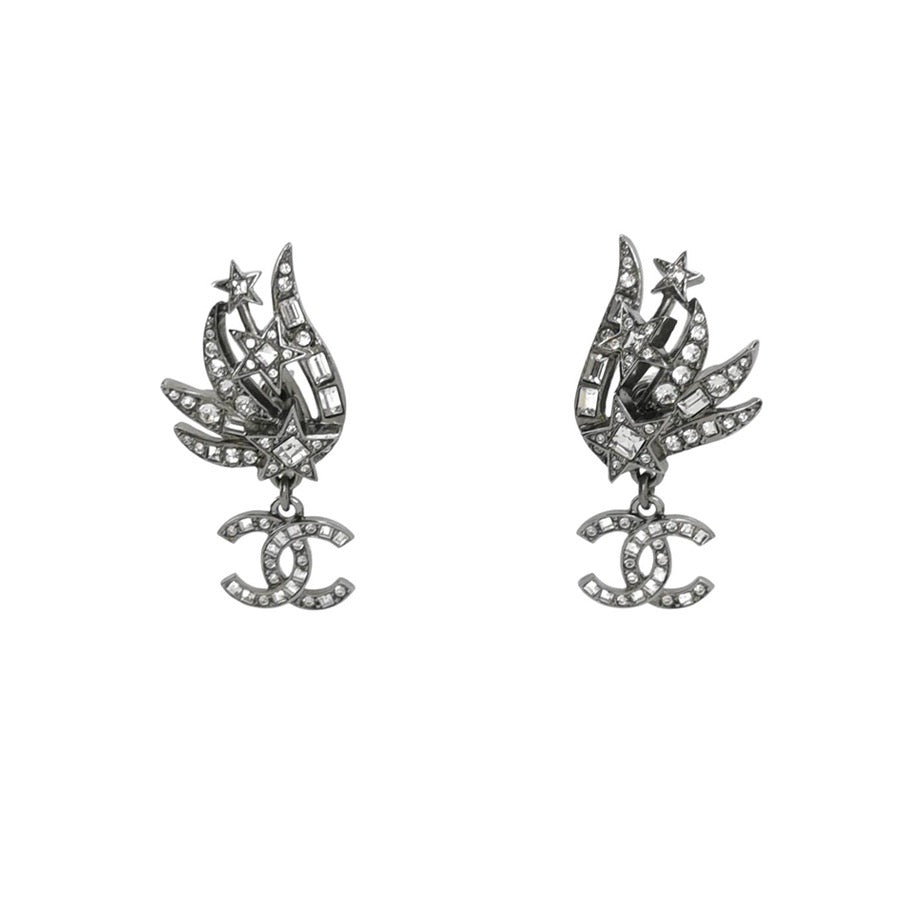 Chanel Crystal Baguette CC Wing Star Earrings Silver