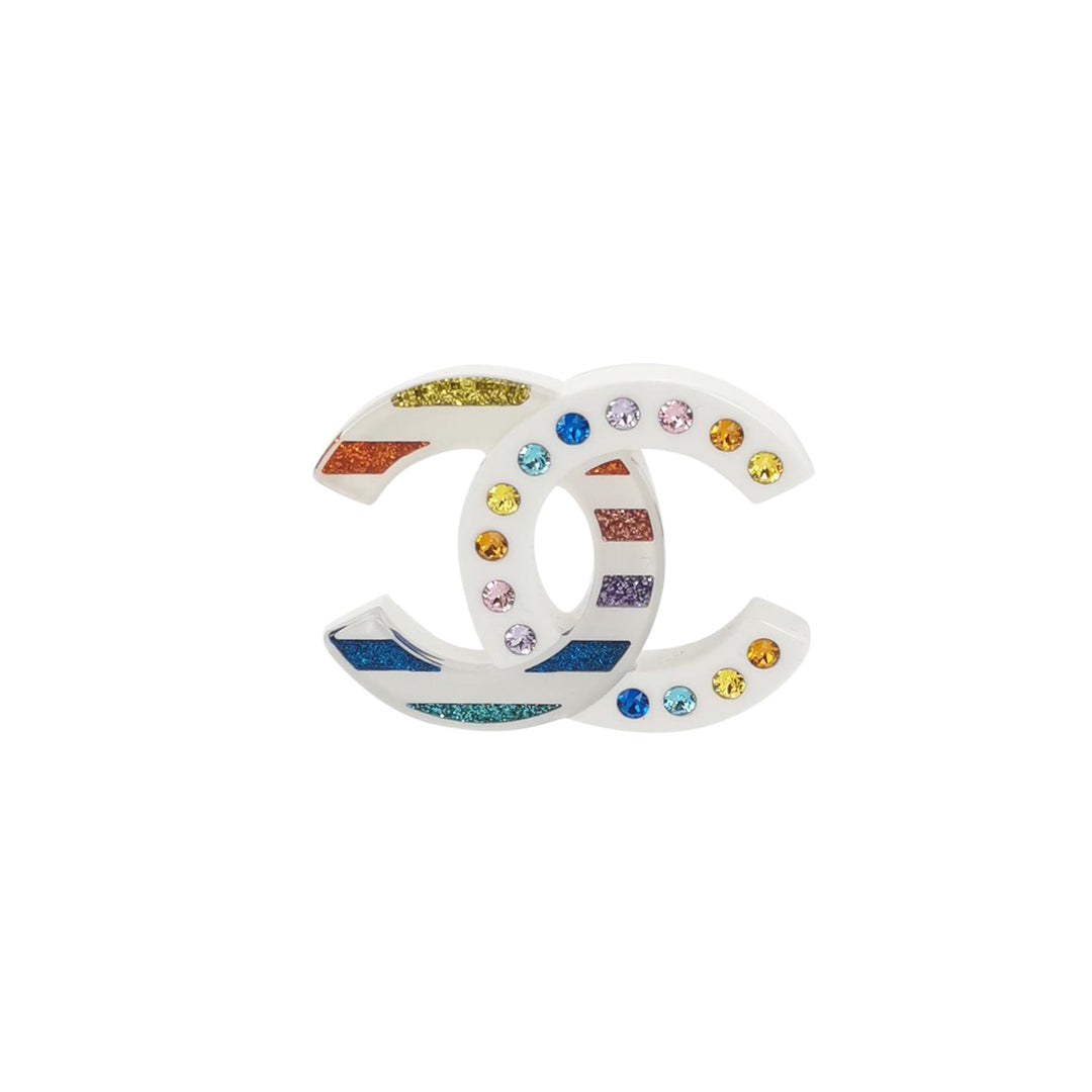 Chanel CC Logo Large Brooch Lucite Multicolour Crystals Rainbow