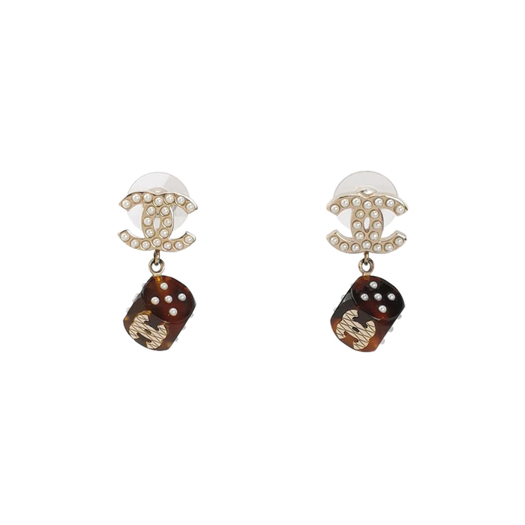 Chanel CC Logo Dice Brown Crystal Dangle Earrings