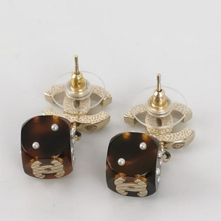 Chanel CC Logo Dice Brown Crystal Dangle Earrings