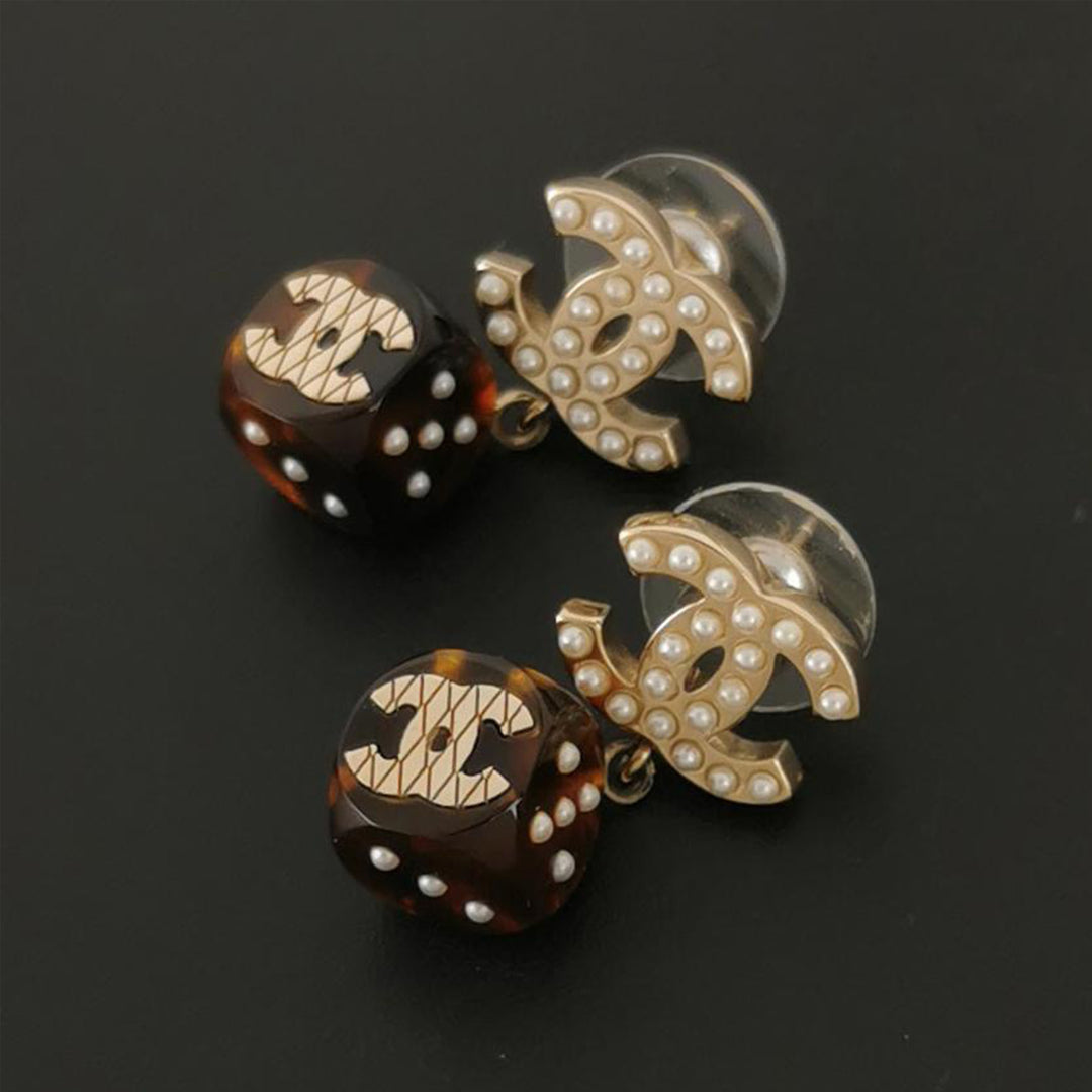 Chanel CC Logo Dice Brown Crystal Dangle Earrings