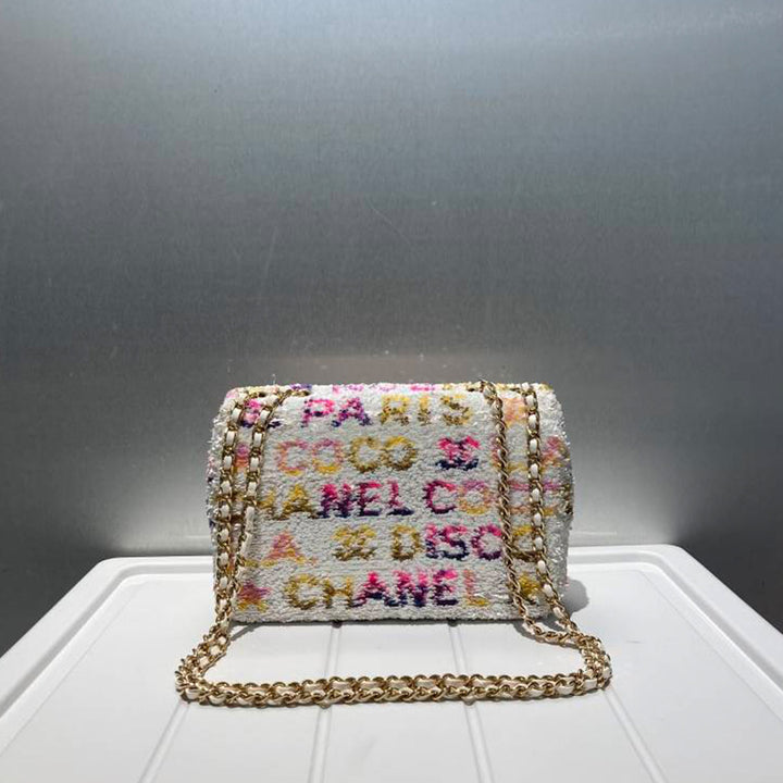 Chanel Sequin Logo CC Single Flap White Multicolour Small