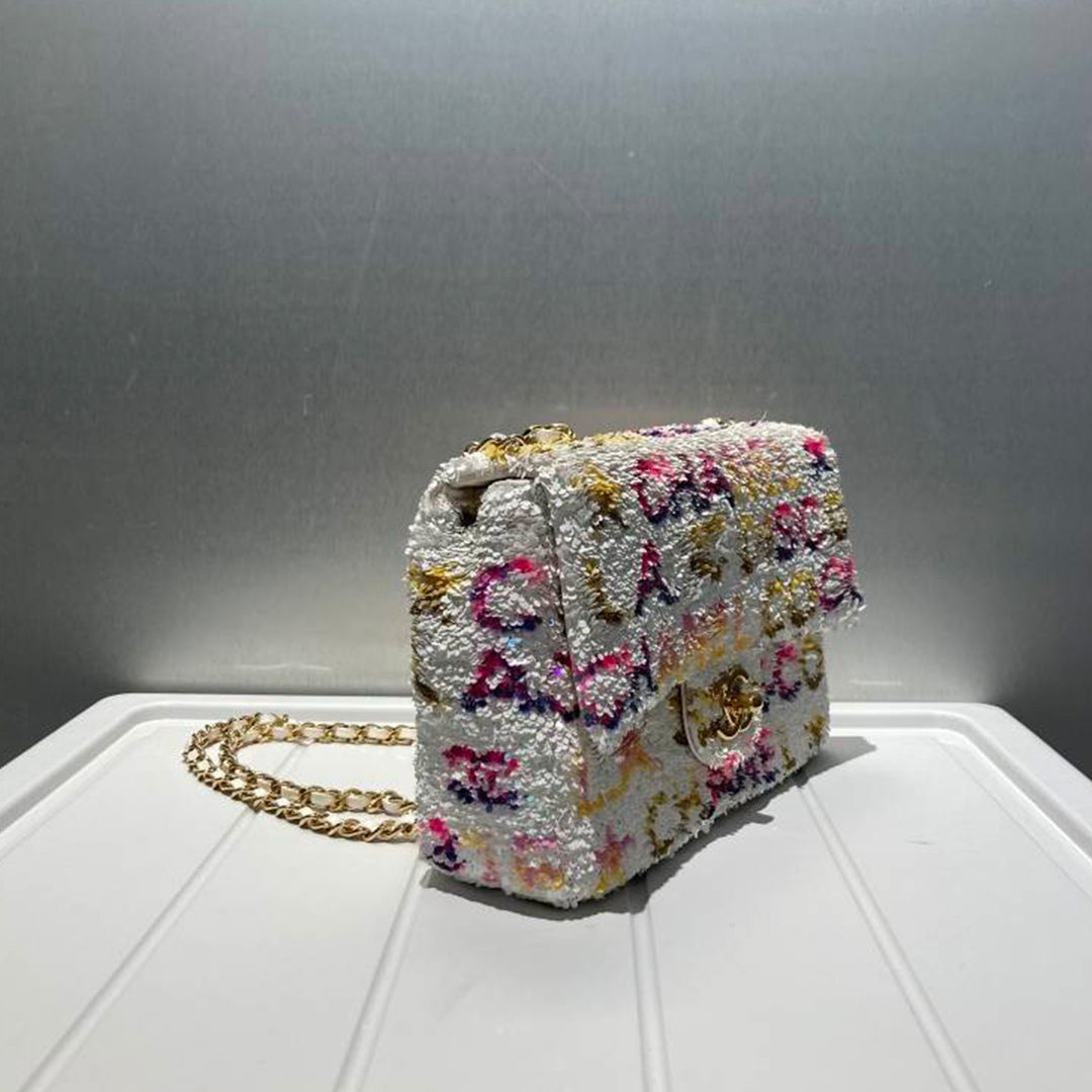 Chanel Sequin Logo CC Single Flap White Multicolour Small