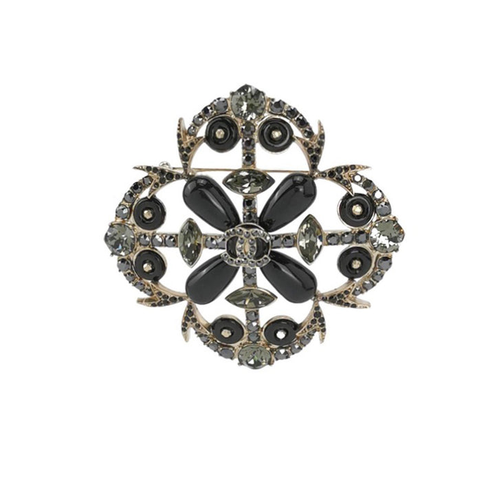 Chanel Coco Mark Bijou Rhinestone Brooch Black Gold Hardware